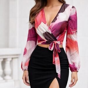 Express Conscious Edit Faux Wrap Cropped Tie Waist Top Women's Medium Multi